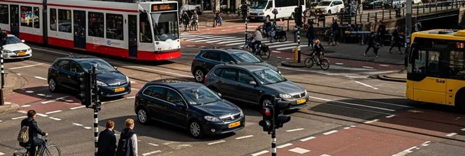 Straße mit Auto, Bus, Fußgänger und Fahrrad